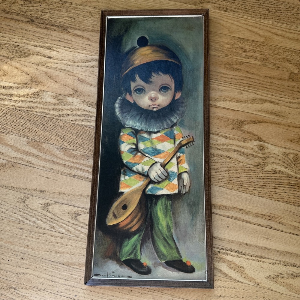 Vintage Preowned 60s Ozz Franca Big Eye Boy Print "Troubadour" Sad Clown Dark